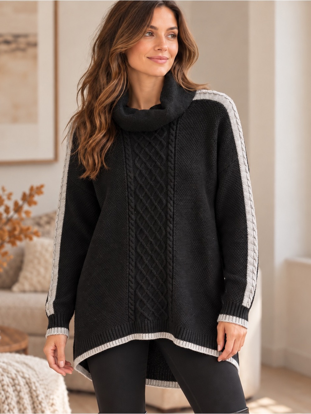 Tristan Black Cable Knit Soft Cowl Neck Oversized Stretchy Sweater Women Small